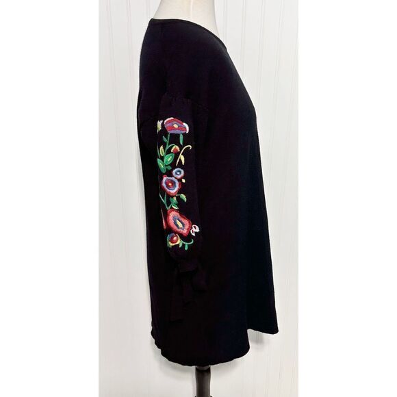 Zara Floral Embroidered Sleeves Tie Knit Dress Sweater Black Women's Size Medium - Picture 3 of 9